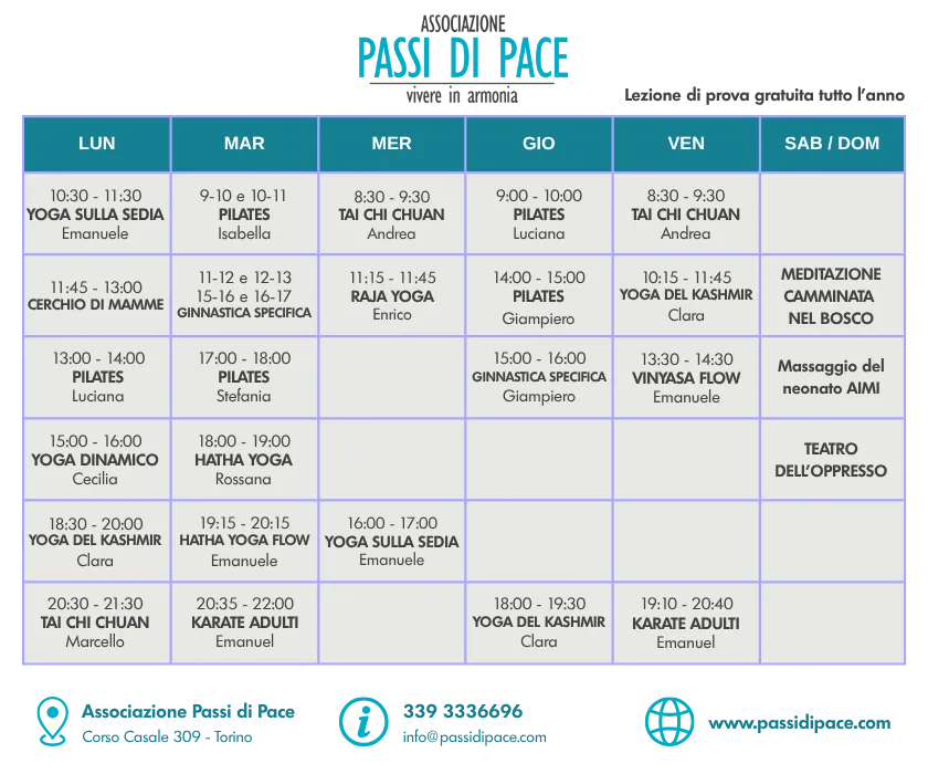 tabella con gli orari dei corsi dell'associazione Passi di Pace per l'anno associativo 2025-2026.